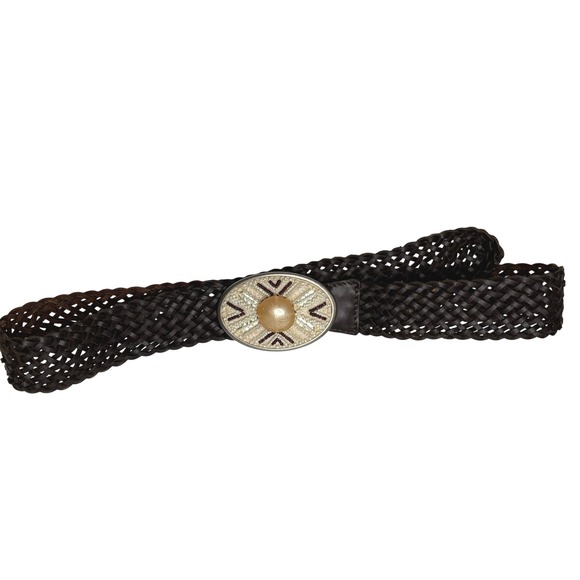 Chico's Accessories - Chicos Brown Woven Leather Belt Womens Oval Beaded Buckle Boho Coastal Cowgirl
